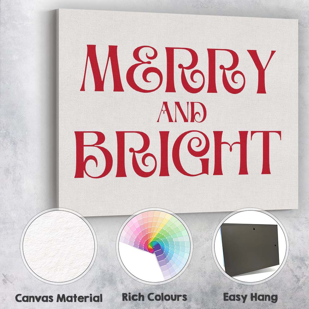 Bold Red Merry And Bright Christmas Typography Canvas Wall Art Print Decor Picture Ready to Hang
