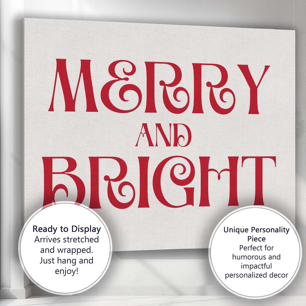 Bold Red Merry And Bright Christmas Typography Canvas Wall Art Print Decor Picture Ready to Hang