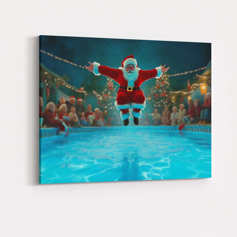 Funny Santa Pool Jump Christmas Party Humorous Illustration Canvas Wall Art Print Decor Picture Ready to Hang