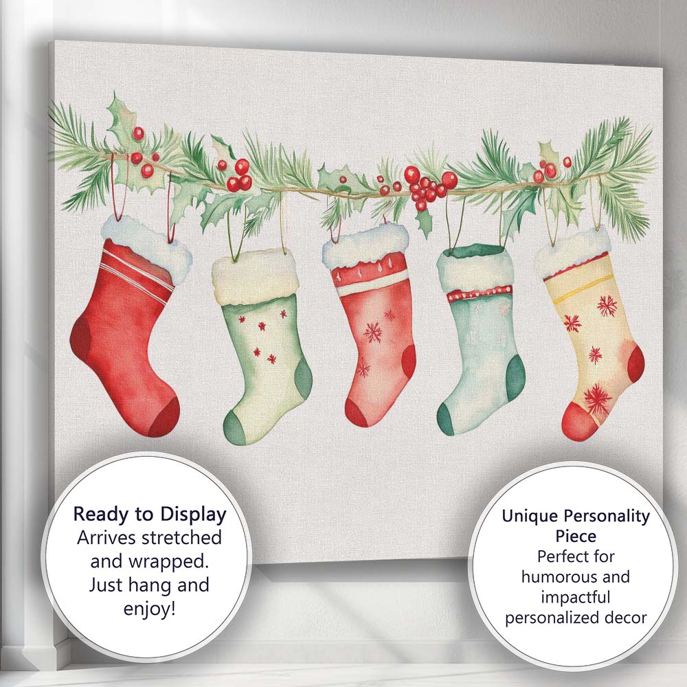 Watercolour Christmas Stockings Holly Garland Festive Illustration Canvas Wall Art Print Decor Picture Ready to Hang