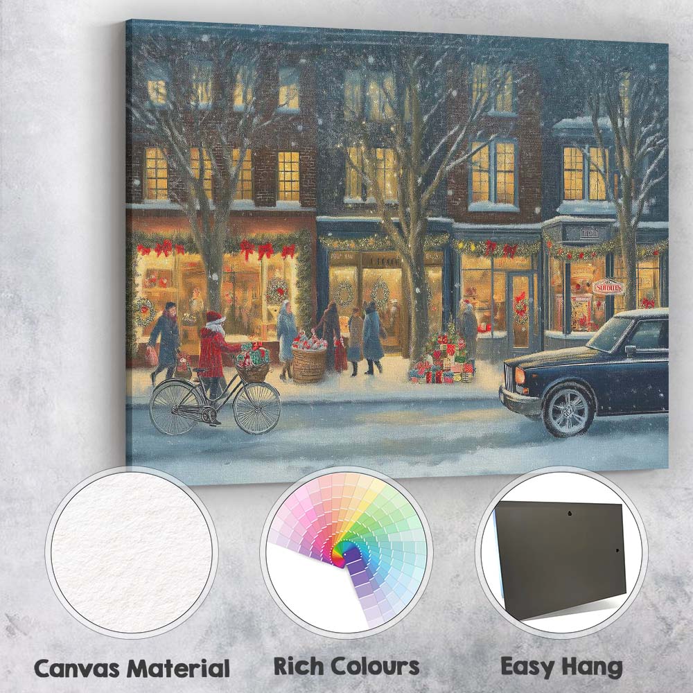 Cosy Snowy Christmas High Street Evening Winter Village Canvas Wall Art Print Decor Picture Ready to Hang