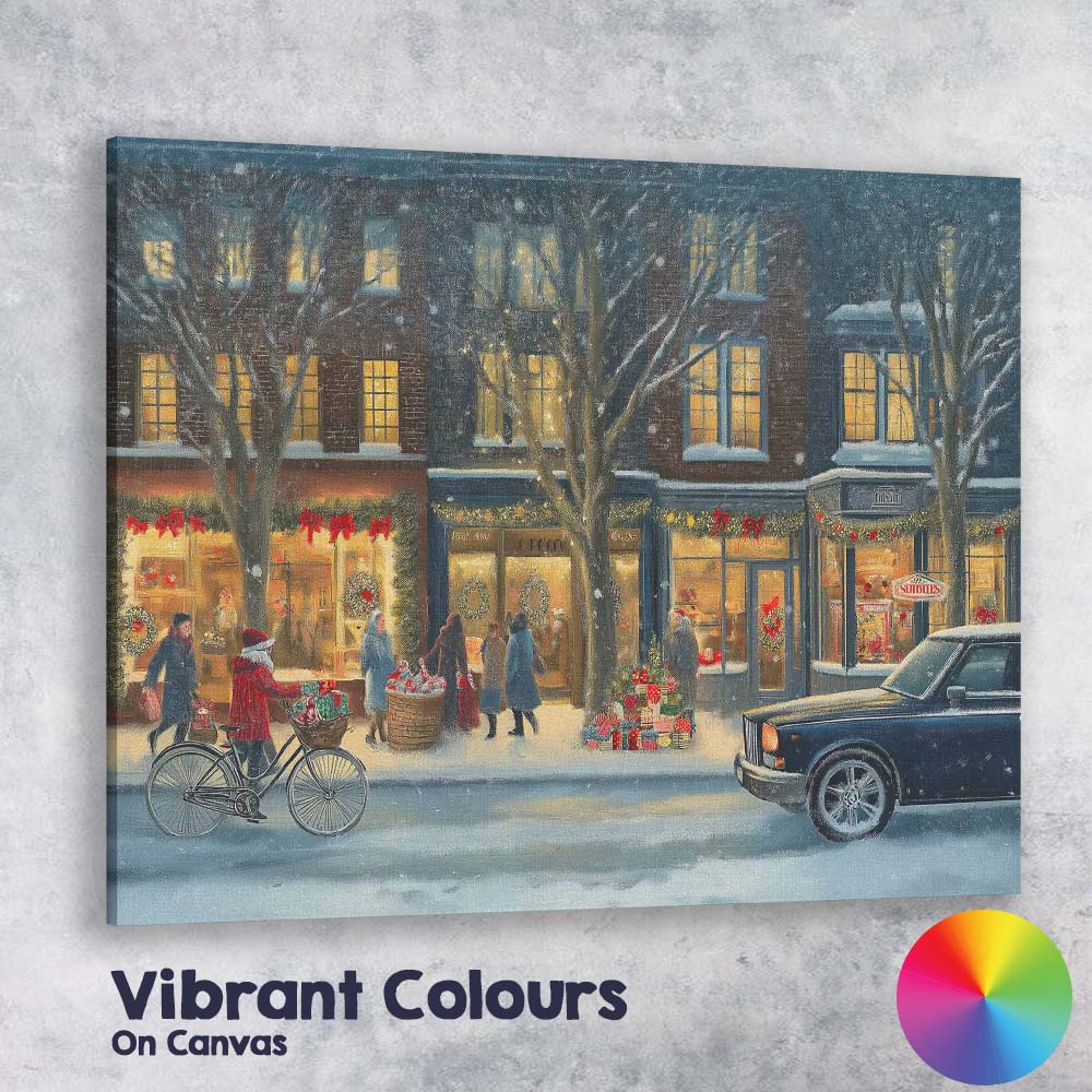 Cosy Snowy Christmas High Street Evening Winter Village Canvas Wall Art Print Decor Picture Ready to Hang