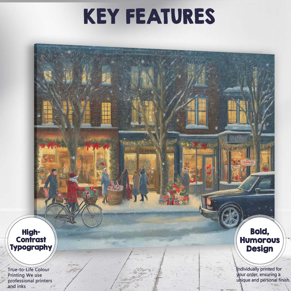 Cosy Snowy Christmas High Street Evening Winter Village Canvas Wall Art Print Decor Picture Ready to Hang