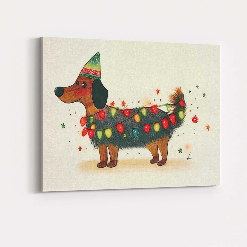 Cute Christmas Dachshund Wrapped in Festive Fairy Lights Canvas Wall Art Print Decor Picture Ready to Hang