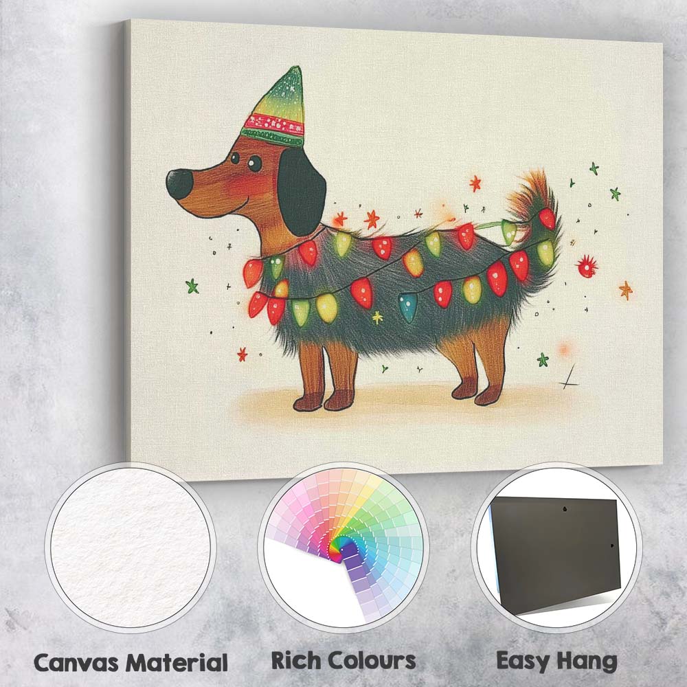 Cute Christmas Dachshund Wrapped in Festive Fairy Lights Canvas Wall Art Print Decor Picture Ready to Hang