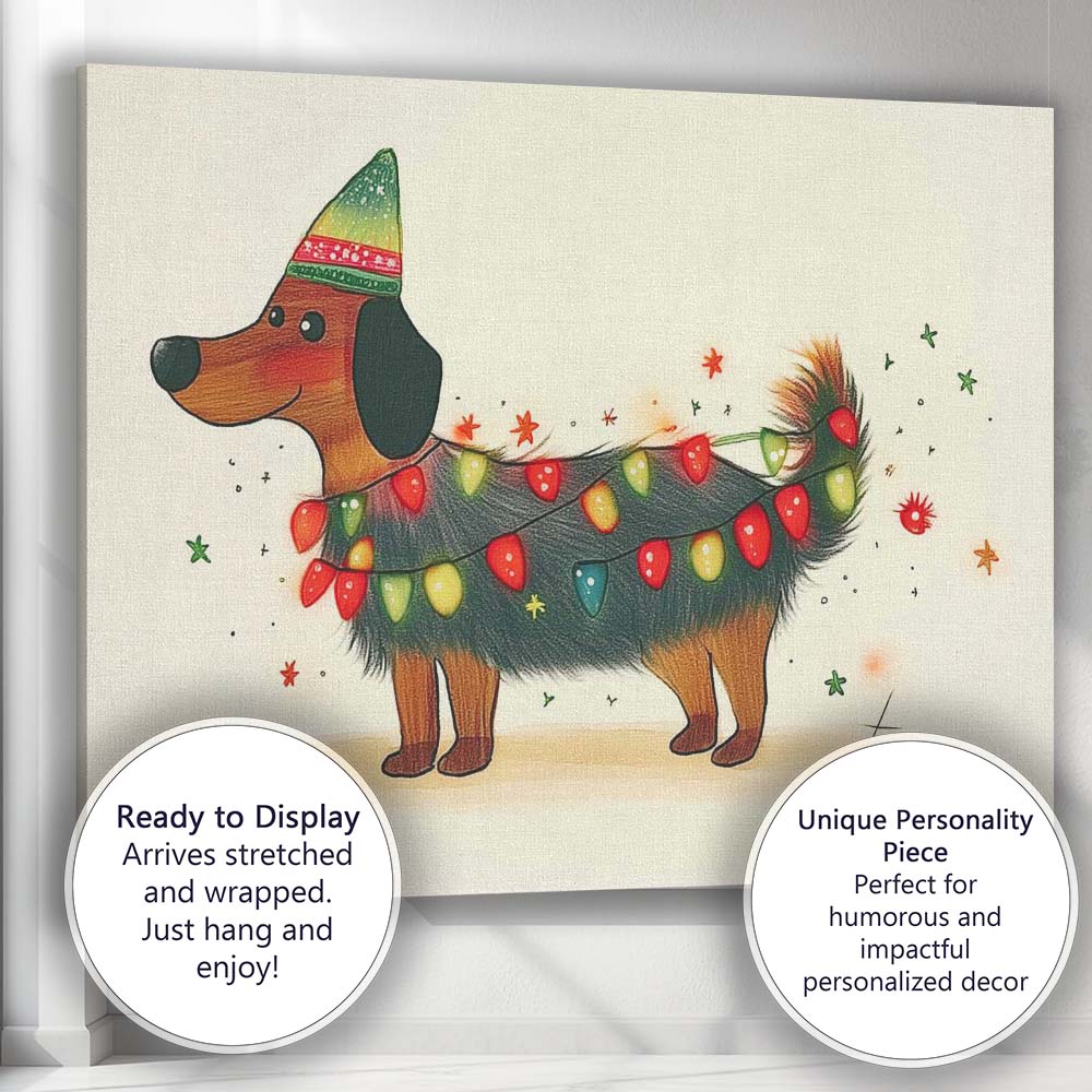 Cute Christmas Dachshund Wrapped in Festive Fairy Lights Canvas Wall Art Print Decor Picture Ready to Hang