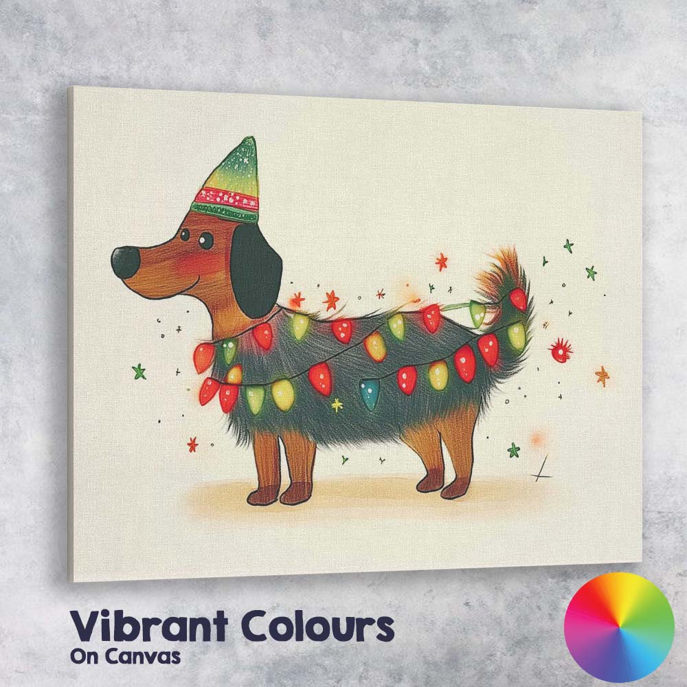 Cute Christmas Dachshund Wrapped in Festive Fairy Lights Canvas Wall Art Print Decor Picture Ready to Hang