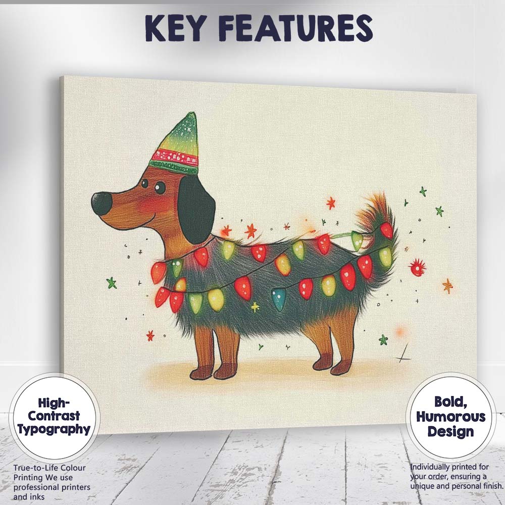 Cute Christmas Dachshund Wrapped in Festive Fairy Lights Canvas Wall Art Print Decor Picture Ready to Hang