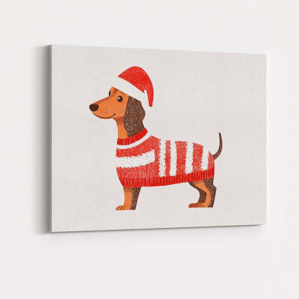 Cute Christmas Dachshund Santa Hat Knitted Jumper Illustration Canvas Wall Art Print Decor Picture Ready to Hang