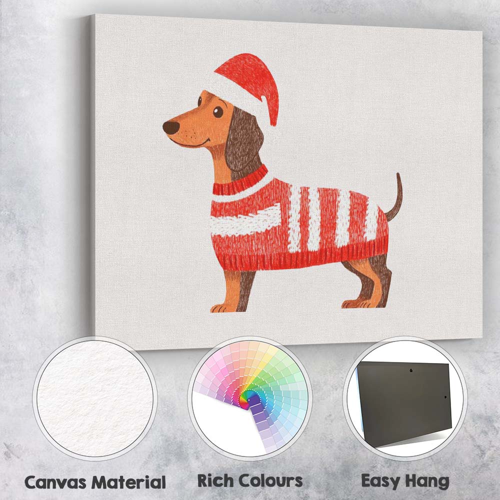 Cute Christmas Dachshund Santa Hat Knitted Jumper Illustration Canvas Wall Art Print Decor Picture Ready to Hang