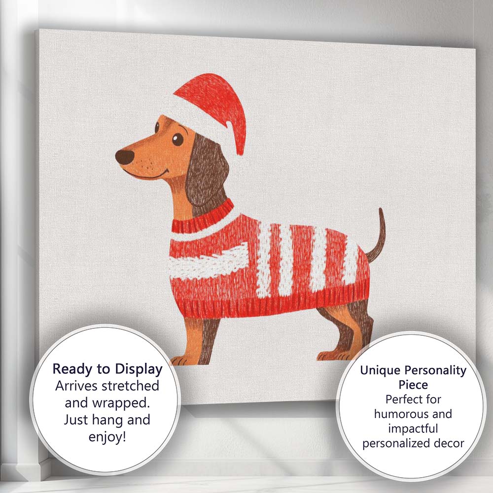 Cute Christmas Dachshund Santa Hat Knitted Jumper Illustration Canvas Wall Art Print Decor Picture Ready to Hang