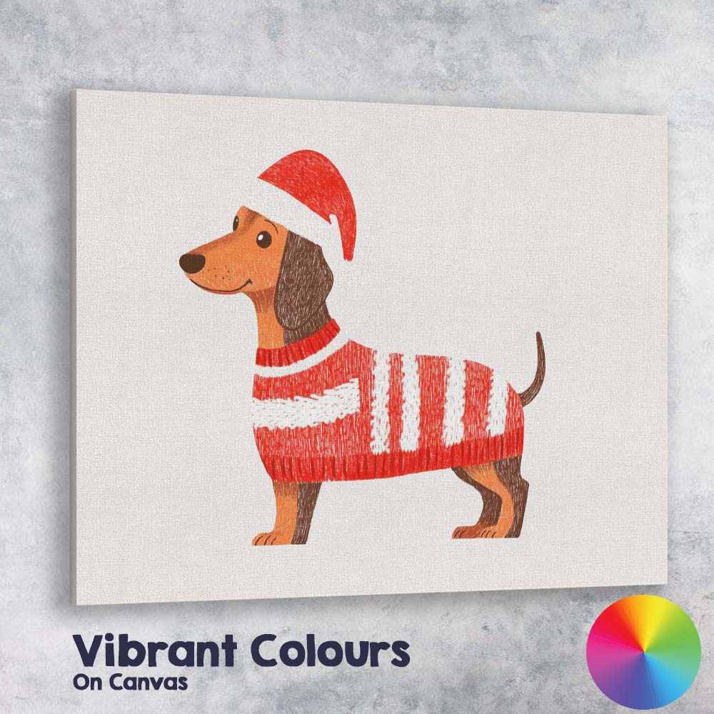 Cute Christmas Dachshund Santa Hat Knitted Jumper Illustration Canvas Wall Art Print Decor Picture Ready to Hang