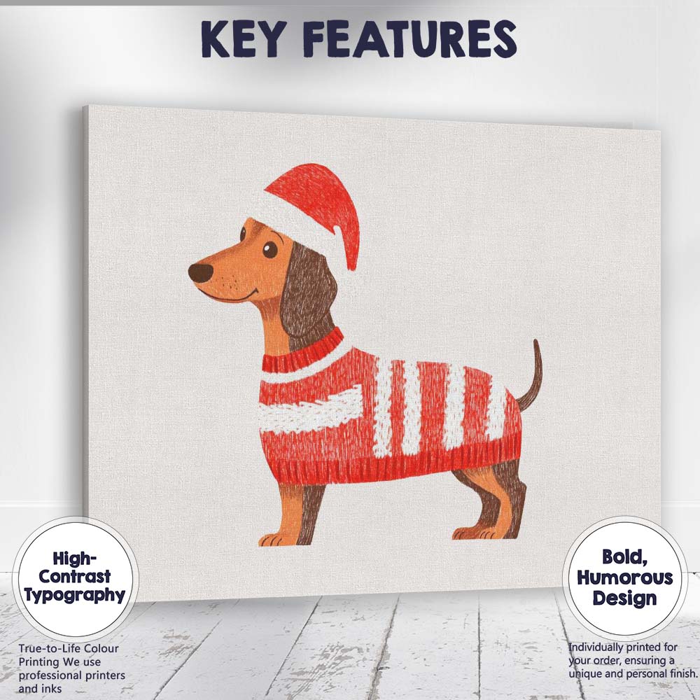 Cute Christmas Dachshund Santa Hat Knitted Jumper Illustration Canvas Wall Art Print Decor Picture Ready to Hang