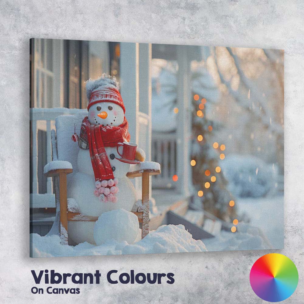 Cosy Winter Snowman With Hot Drink Christmas Porch Scene Canvas Wall Art Print Decor Picture Ready to Hang