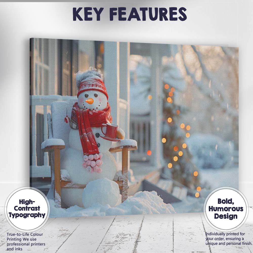 Cosy Winter Snowman With Hot Drink Christmas Porch Scene Canvas Wall Art Print Decor Picture Ready to Hang