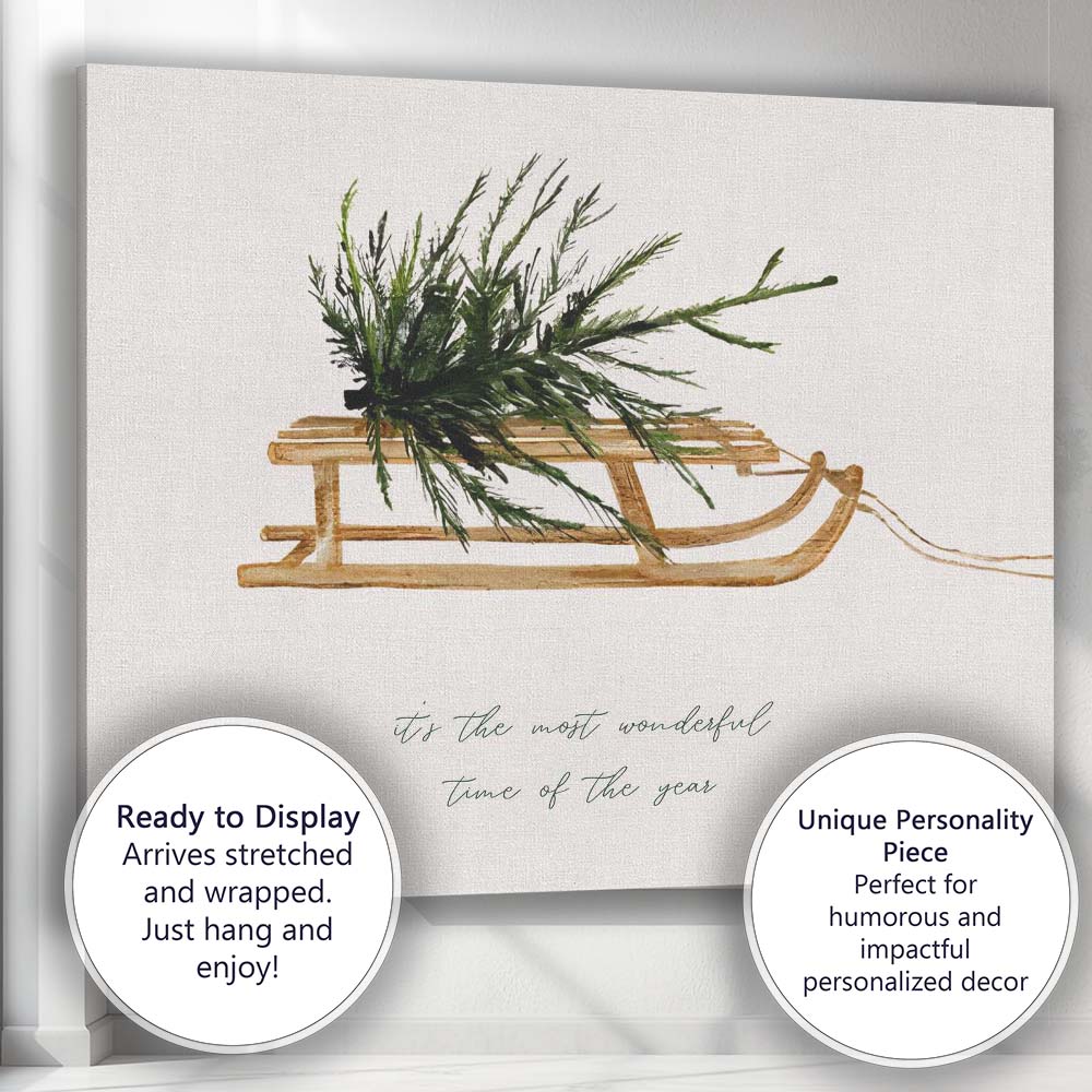 Rustic Wooden Sled With Evergreen Branch Christmas Farmhouse Canvas Wall Art Print Decor Picture Ready to Hang