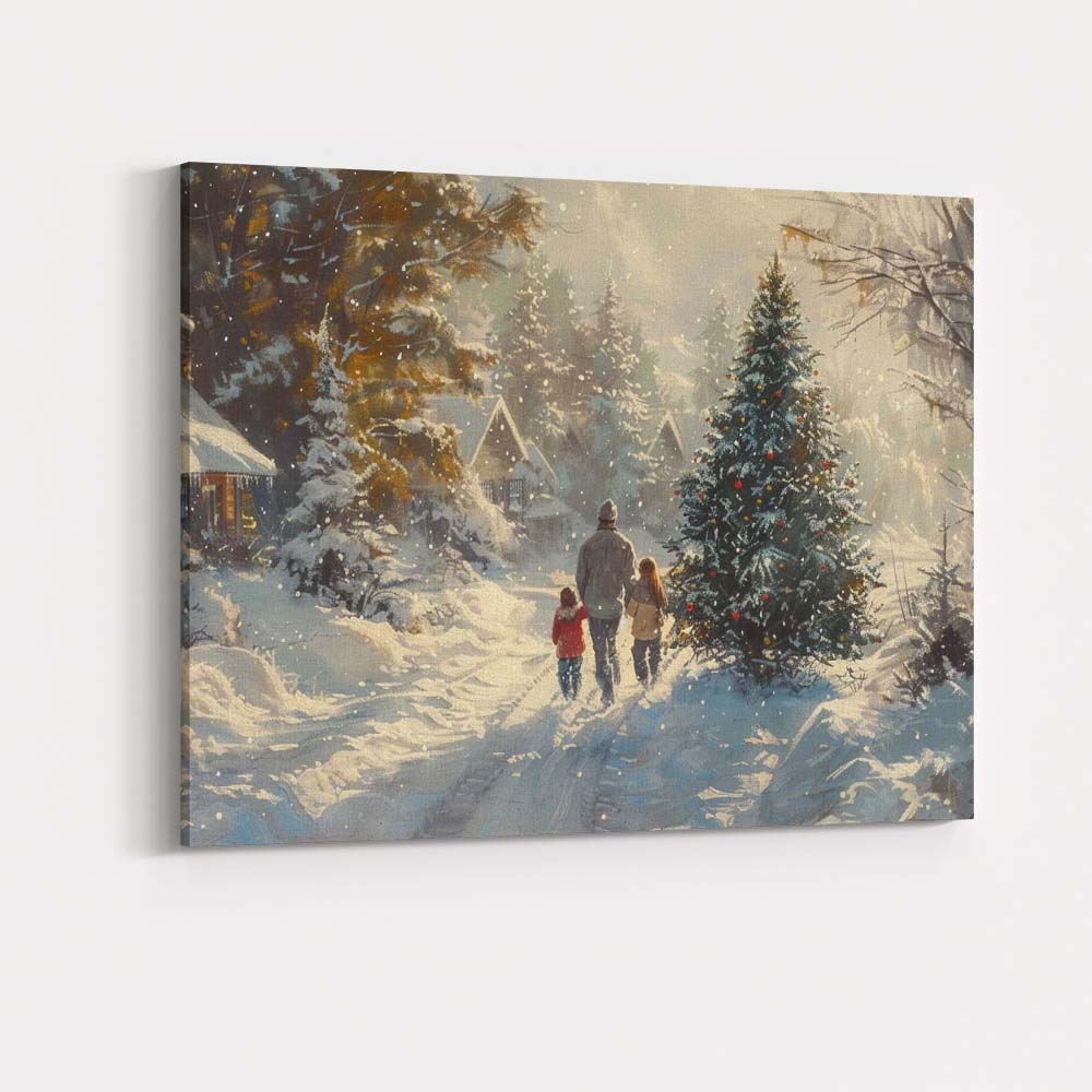Cosy Family Walking Through Snowy Christmas Village Winter Landscape Canvas Wall Art Print Decor Picture Ready to Hang
