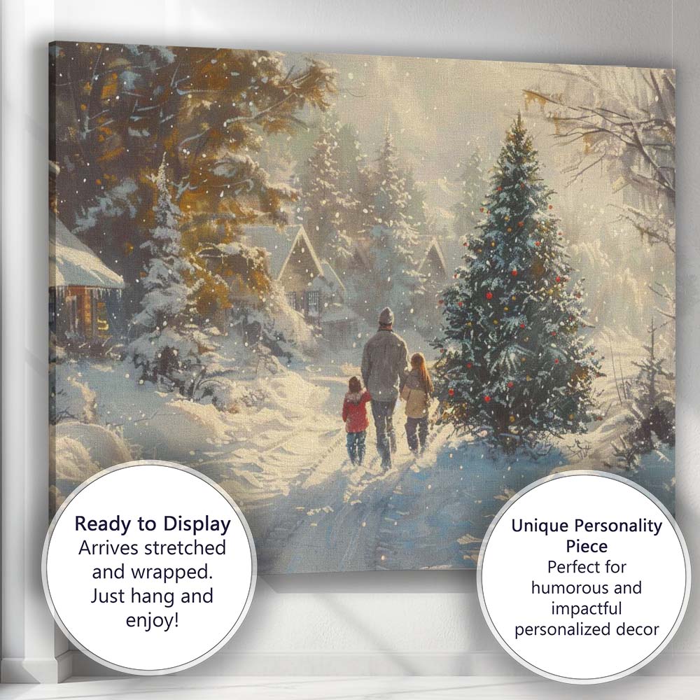 Cosy Family Walking Through Snowy Christmas Village Winter Landscape Canvas Wall Art Print Decor Picture Ready to Hang