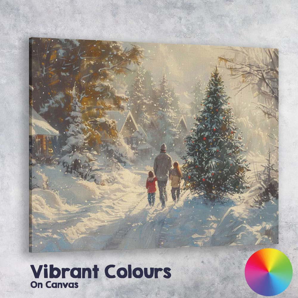 Cosy Family Walking Through Snowy Christmas Village Winter Landscape Canvas Wall Art Print Decor Picture Ready to Hang
