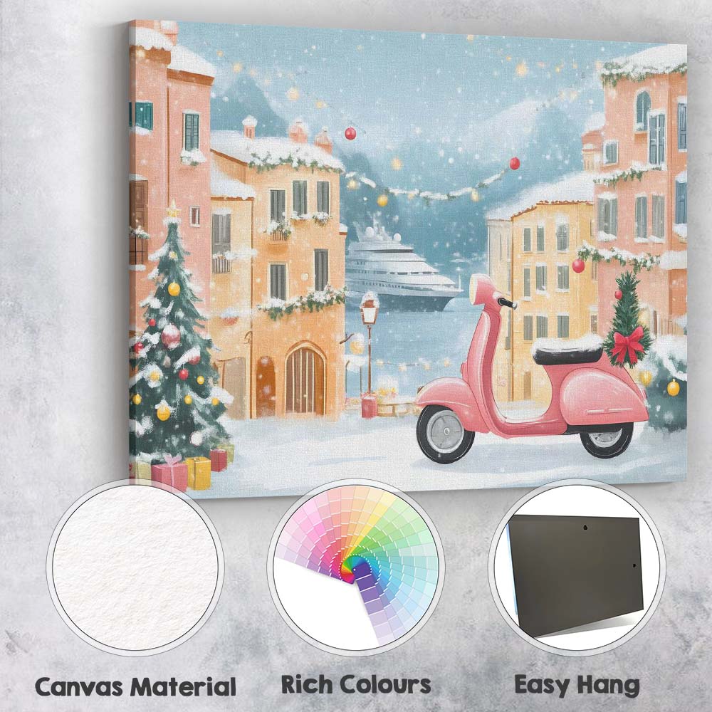 Pink Retro Christmas Scooter Festive Snowy European Village Canvas Wall Art Print Decor Picture Ready to Hang