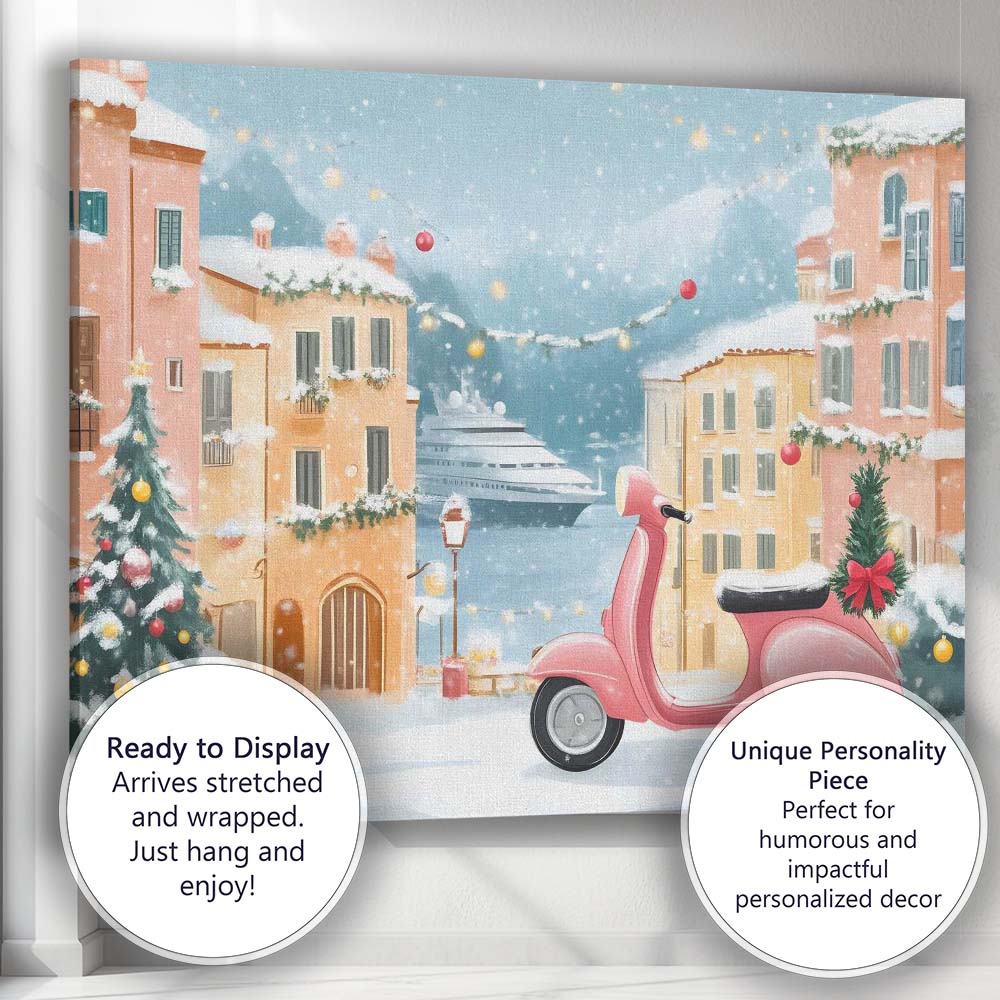 Pink Retro Christmas Scooter Festive Snowy European Village Canvas Wall Art Print Decor Picture Ready to Hang
