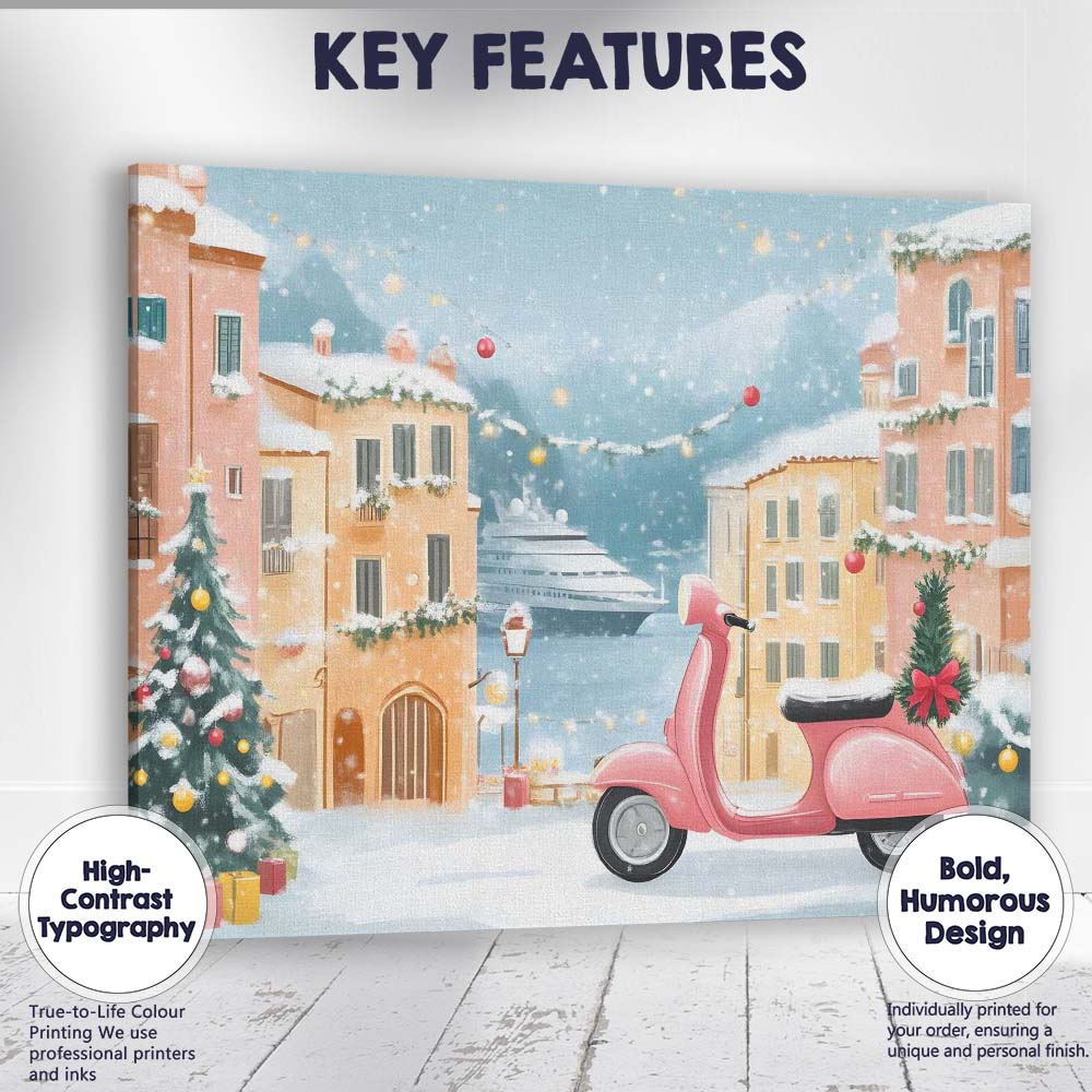 Pink Retro Christmas Scooter Festive Snowy European Village Canvas Wall Art Print Decor Picture Ready to Hang