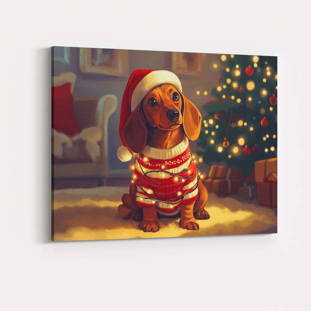 Cute Christmas Dachshund Dog Wearing Santa Hat Fairy Lights Canvas Wall Art Print Decor Picture Ready to Hang