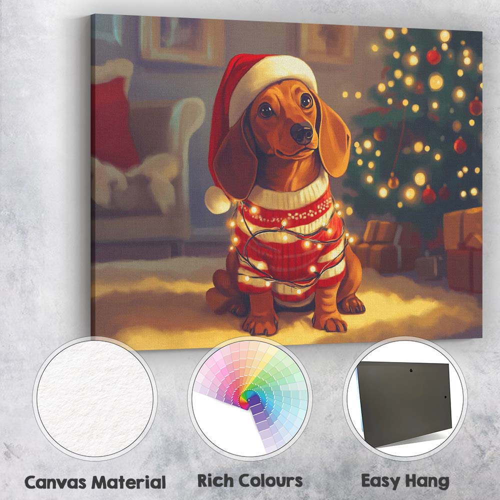 Cute Christmas Dachshund Dog Wearing Santa Hat Fairy Lights Canvas Wall Art Print Decor Picture Ready to Hang