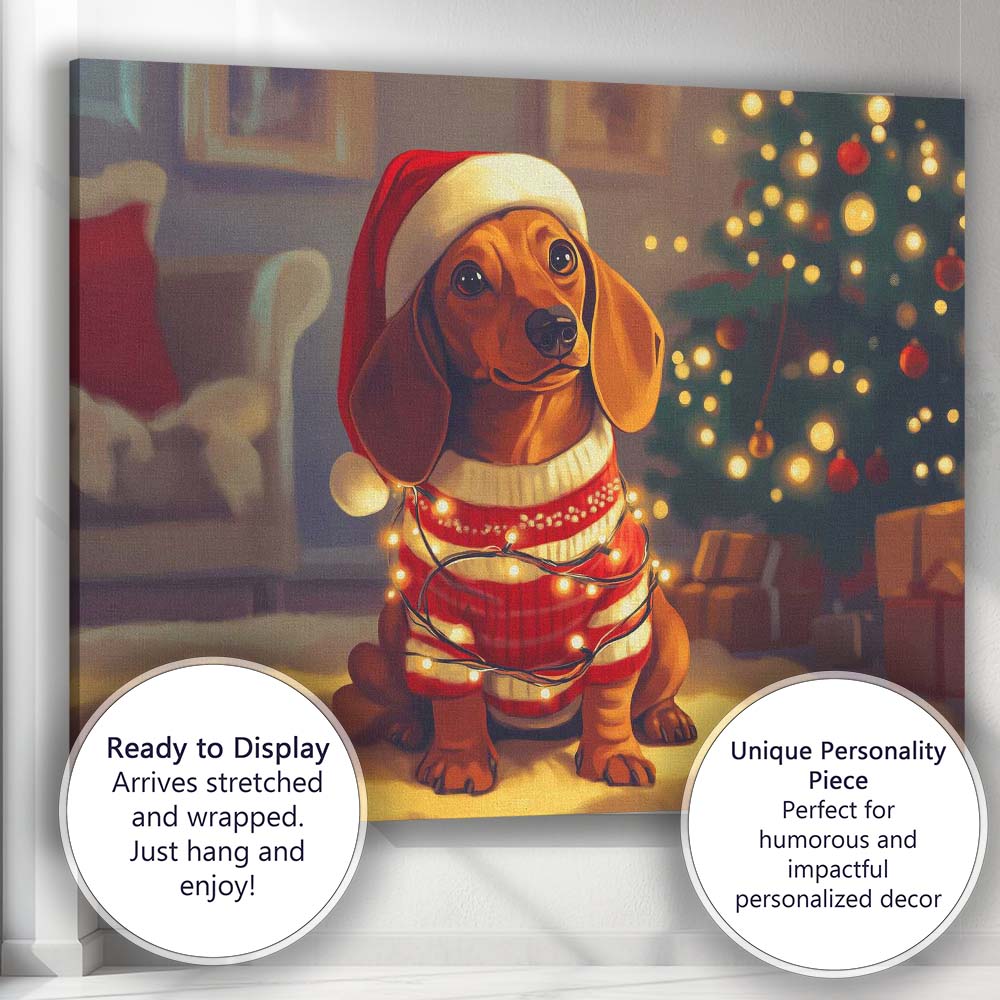 Cute Christmas Dachshund Dog Wearing Santa Hat Fairy Lights Canvas Wall Art Print Decor Picture Ready to Hang