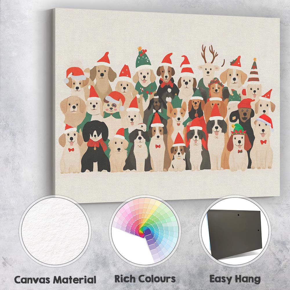 Cute Christmas Dogs Wearing Santa Hats Festive Pet Illustration Canvas Wall Art Print Decor Picture Ready to Hang