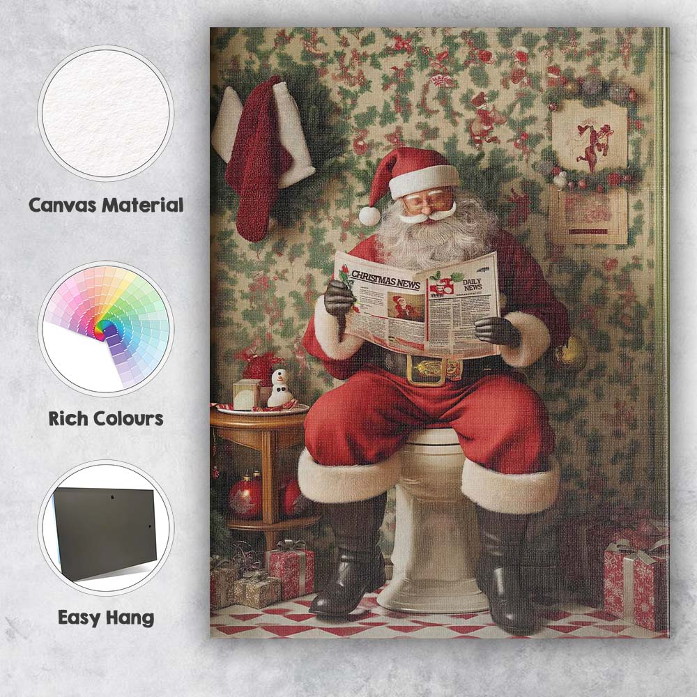 Funny Santa Reading Christmas Newspaper On Toilet Humorous Canvas Wall Art Print Decor Picture Ready to Hang