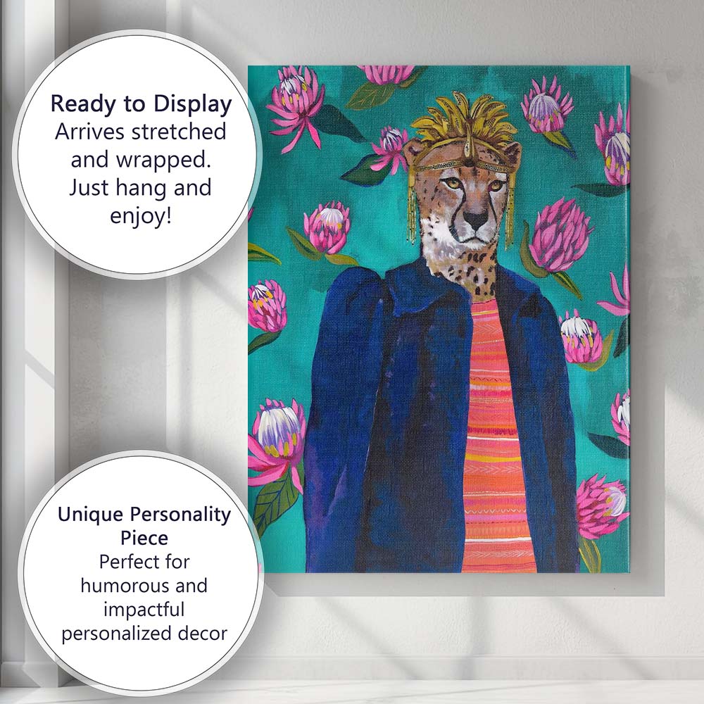 Regal Cheetah Portrait Protea Floral Contemporary Wildlife Canvas Wall Art Print Decor Picture Ready to Hang