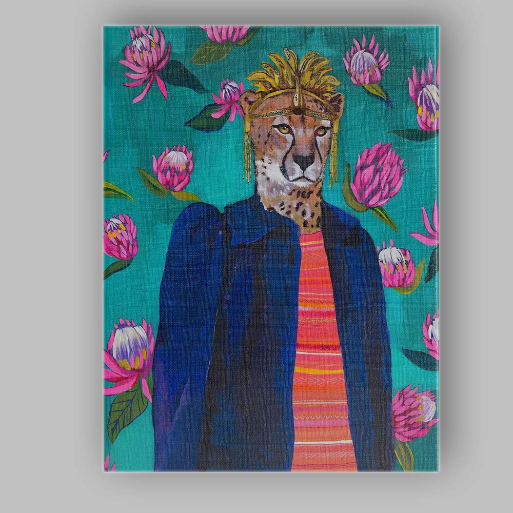 Regal Cheetah Portrait Protea Floral Contemporary Wildlife Canvas Wall Art Print Decor Picture Ready to Hang