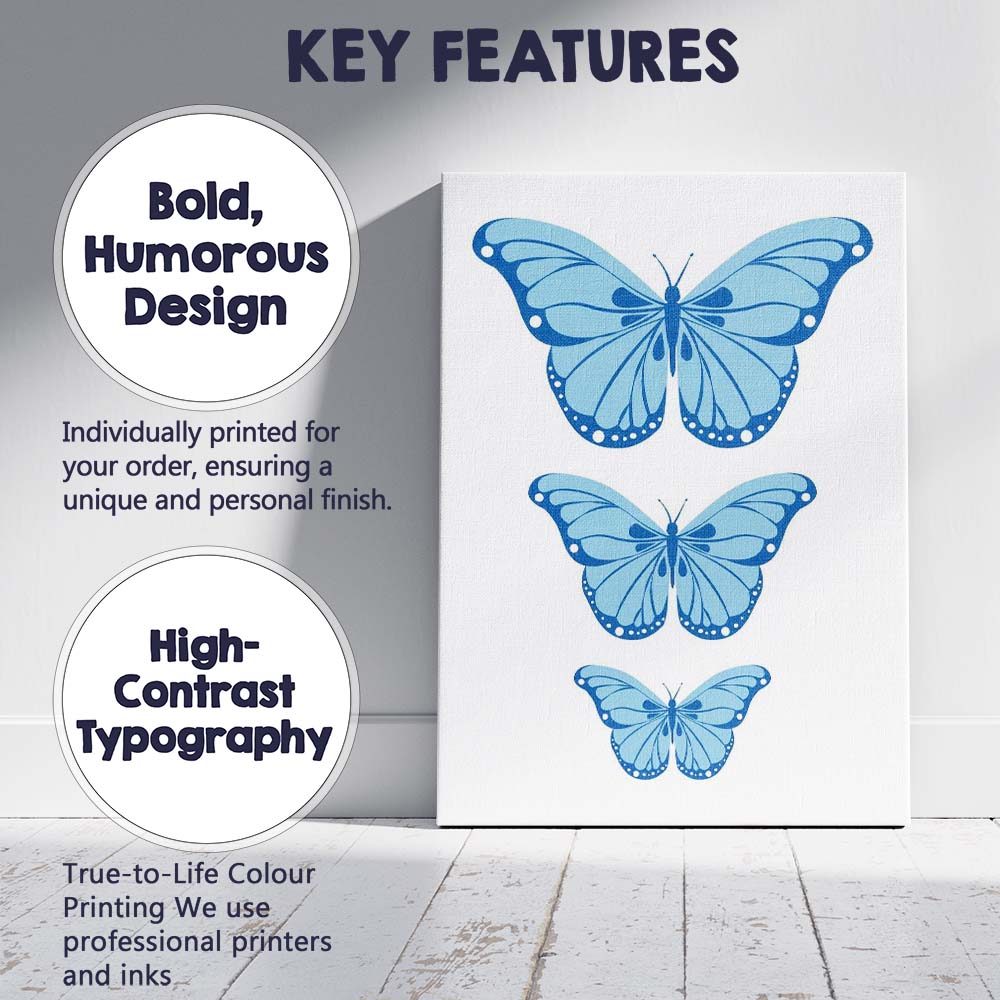 Blue Butterfly Trio Minimalist Nature Illustration Canvas Wall Art Print Decor Picture Ready to Hang