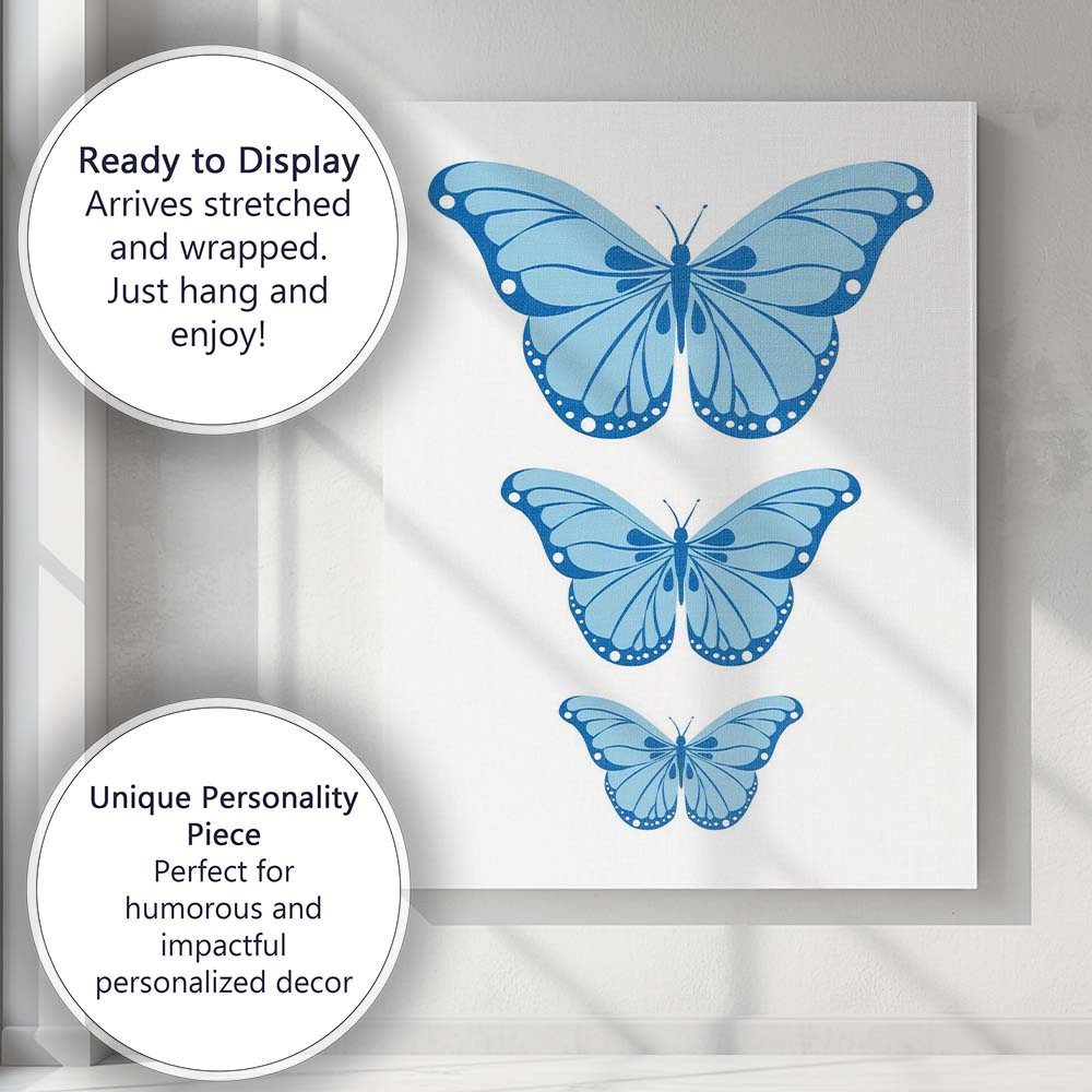 Blue Butterfly Trio Minimalist Nature Illustration Canvas Wall Art Print Decor Picture Ready to Hang