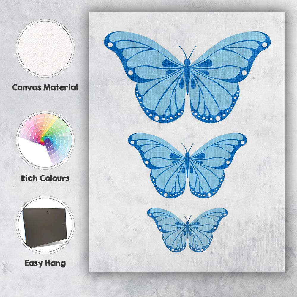 Blue Butterfly Trio Minimalist Nature Illustration Canvas Wall Art Print Decor Picture Ready to Hang