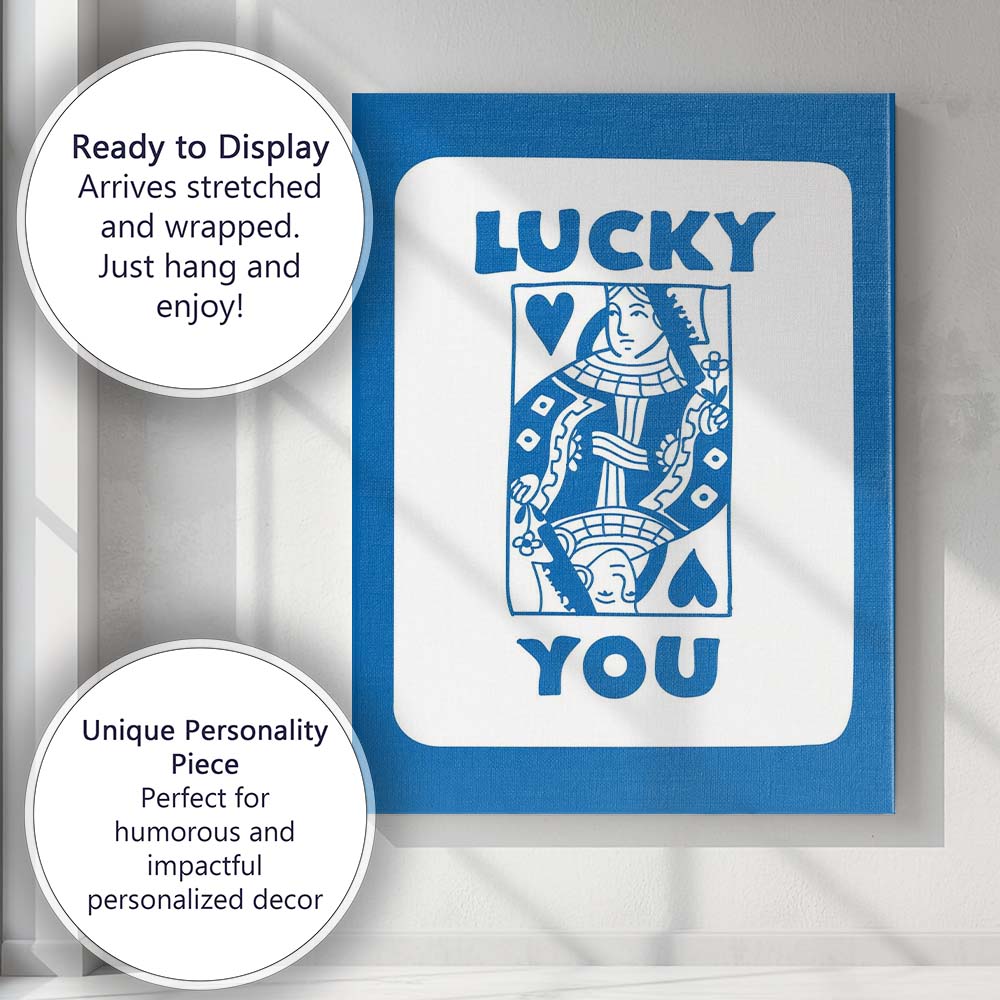 Blue Lucky You Playing Card Typography Canvas Wall Art Print Decor Picture Ready to Hang