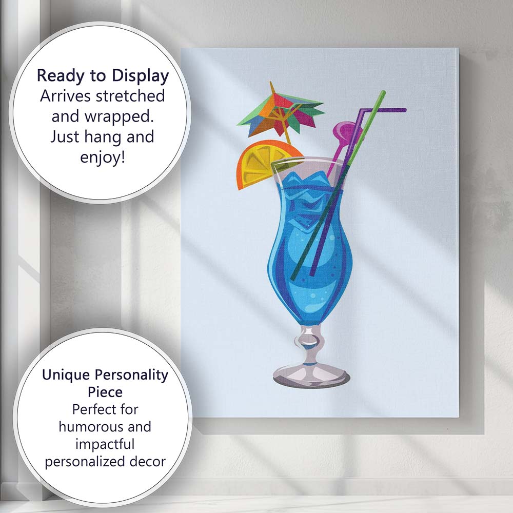 Blue Tropical Cocktail Summer Drink Illustration Canvas Wall Art Print Decor Picture Ready to Hang