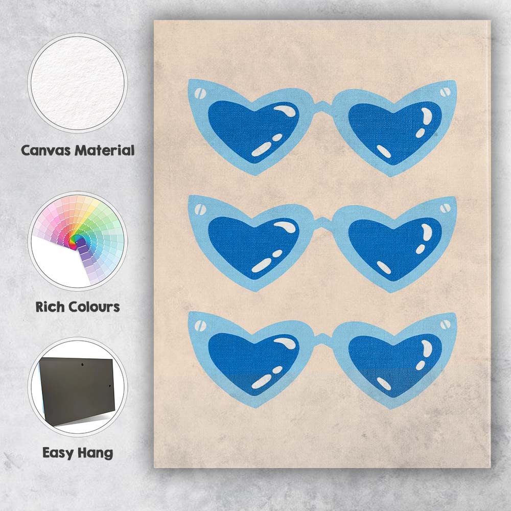 Blue Heart Shaped Sunglasses Pop Art Illustration Canvas Wall Art Print Decor Picture Ready to Hang