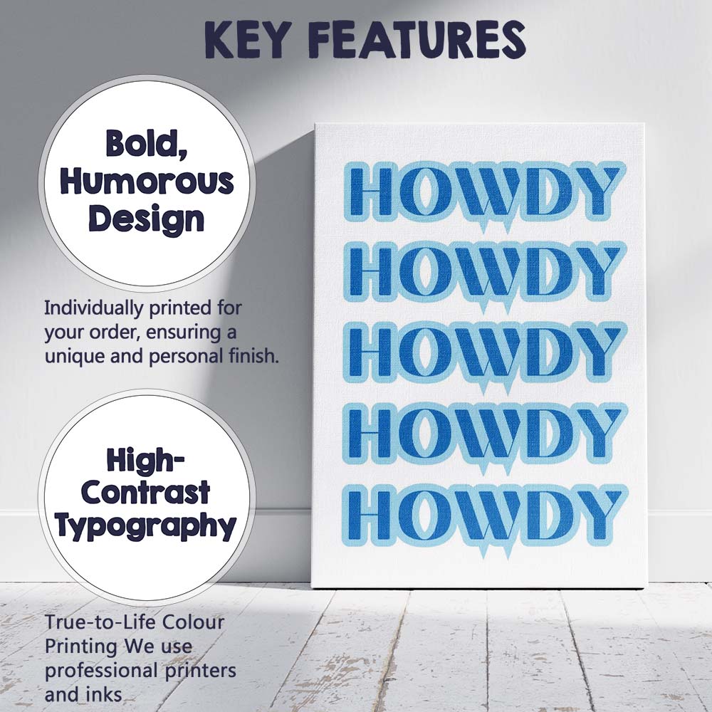 Blue Howdy Western Cowgirl Typography Canvas Wall Art Print Decor Picture Ready to Hang