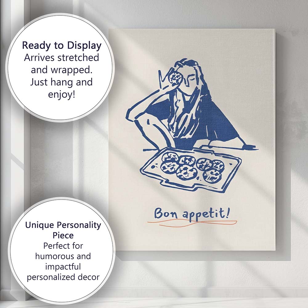 Blue Minimalist Bon Appetit Pizza Line Art Illustration Canvas Wall Art Print Decor Picture Ready to Hang