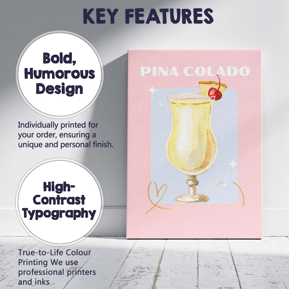 Pastel Pink Pina Colada Tropical Cocktail Watercolour Illustration Canvas Wall Art Print Decor Picture Ready to Hang