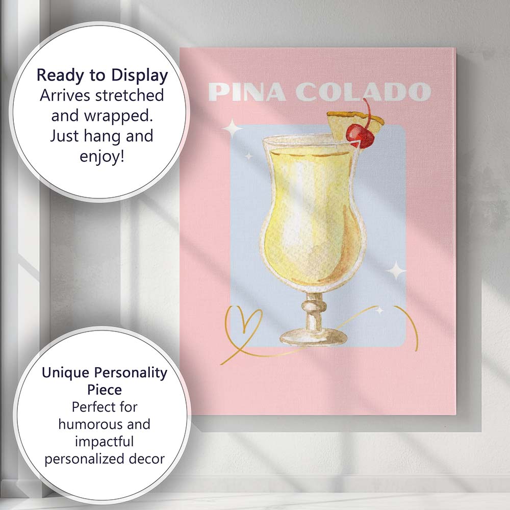 Pastel Pink Pina Colada Tropical Cocktail Watercolour Illustration Canvas Wall Art Print Decor Picture Ready to Hang