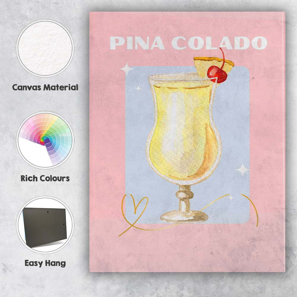Pastel Pink Pina Colada Tropical Cocktail Watercolour Illustration Canvas Wall Art Print Decor Picture Ready to Hang