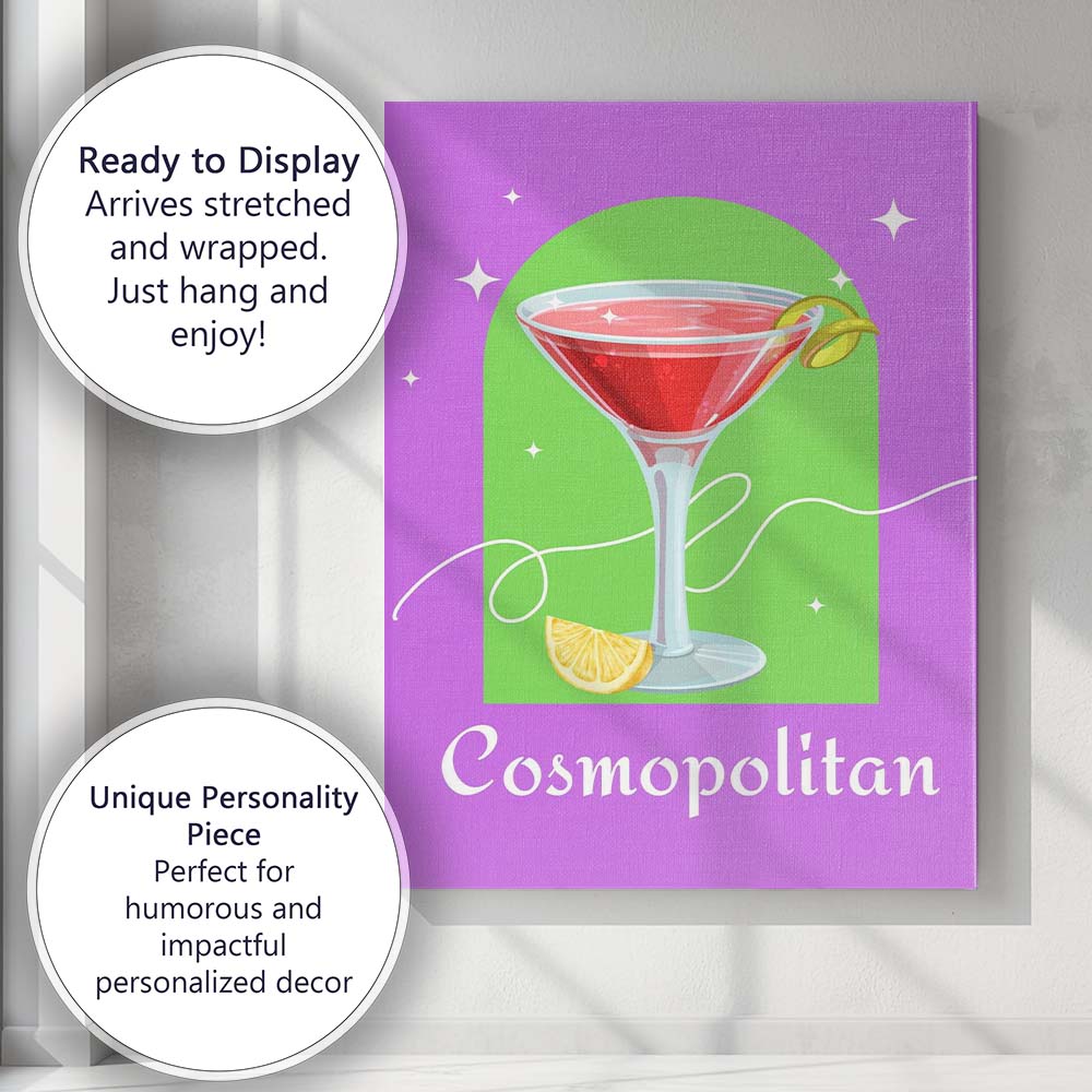 Purple Cosmopolitan Cocktail Lemon Garnish Illustration Canvas Wall Art Print Decor Picture Ready to Hang