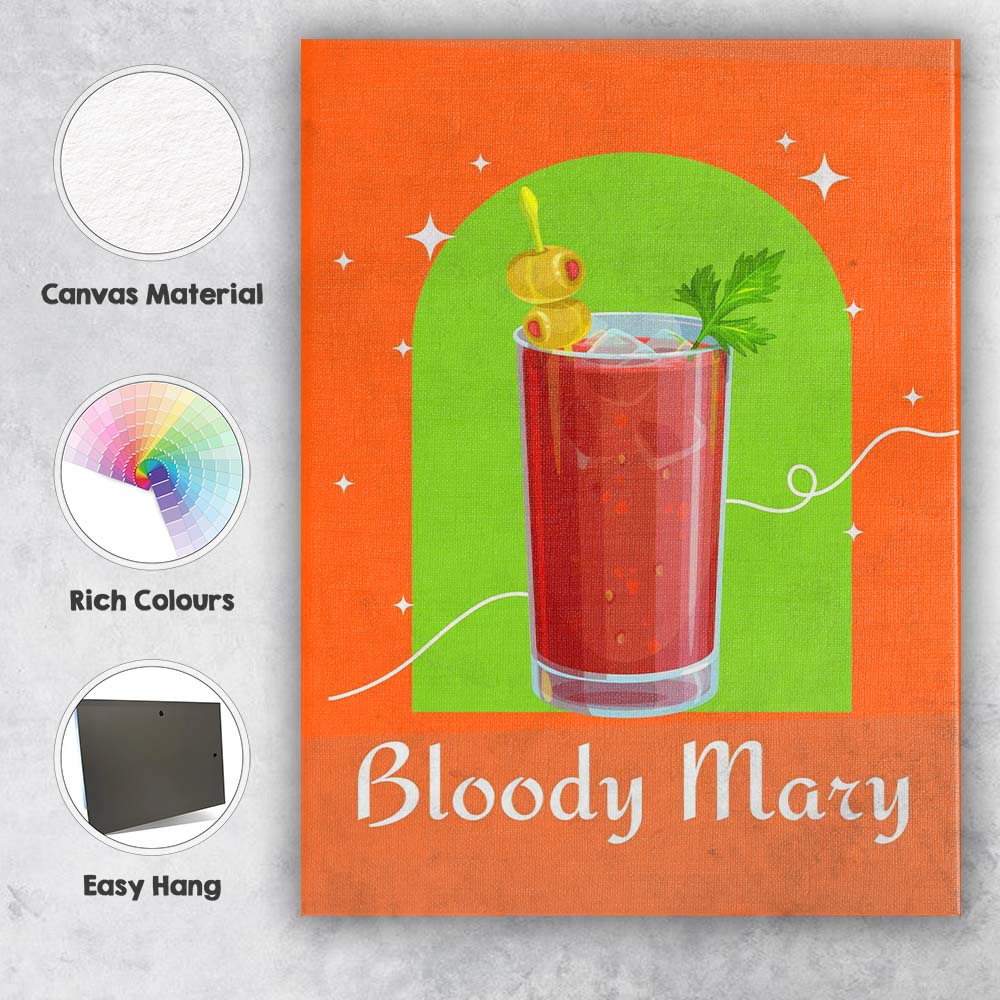 Orange Bloody Mary Cocktail Olive Garnish Modern Illustration Canvas Wall Art Print Decor Picture Ready to Hang