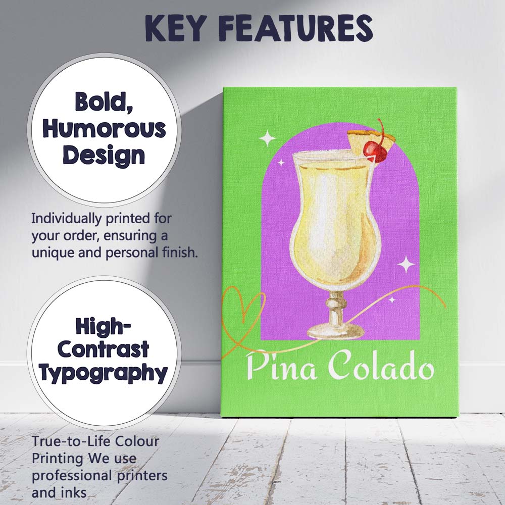 Green Pina Colada Tropical Cocktail Watercolour Illustration Canvas Wall Art Print Decor Picture Ready to Hang