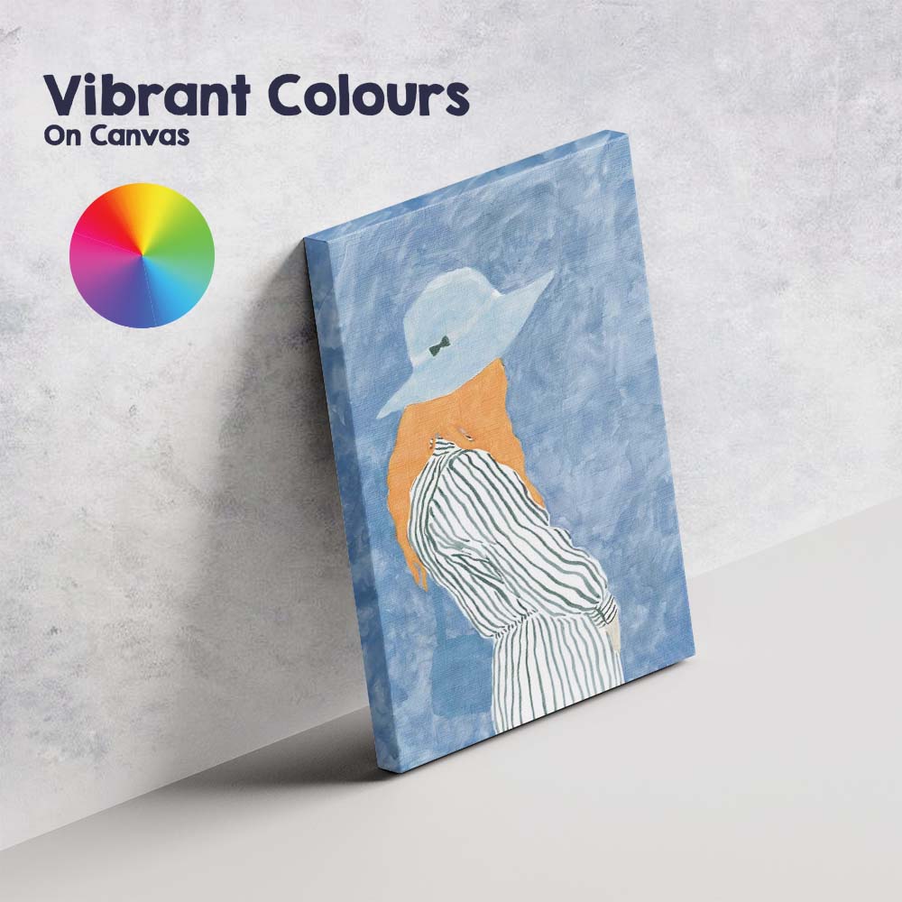 Blue Watercolour Fashion Woman in White Hat Orange Blouse Portrait Canvas Wall Art Print Decor Picture Ready to Hang