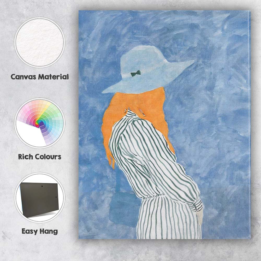 Blue Watercolour Fashion Woman in White Hat Orange Blouse Portrait Canvas Wall Art Print Decor Picture Ready to Hang