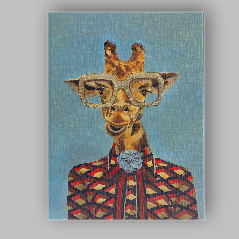 Stylish Giraffe Portrait Wearing Glasses Colourful Suit Animal Illustration Canvas Wall Art Print Decor Picture Ready to Hang